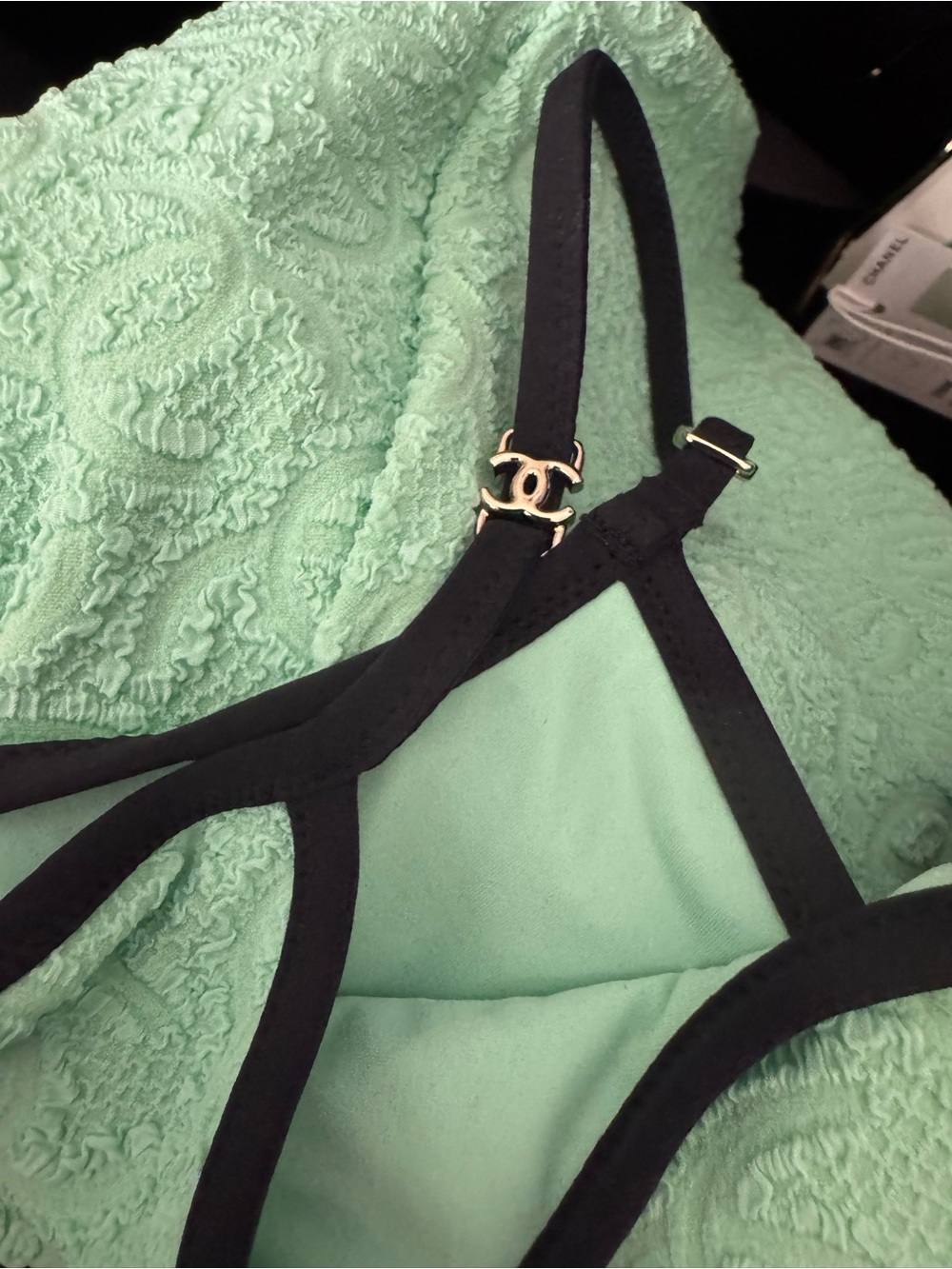 CHANEL Coco Beach 2026 Mint Green Textured Swimsuit with Black Trim - Picture 2 of 3